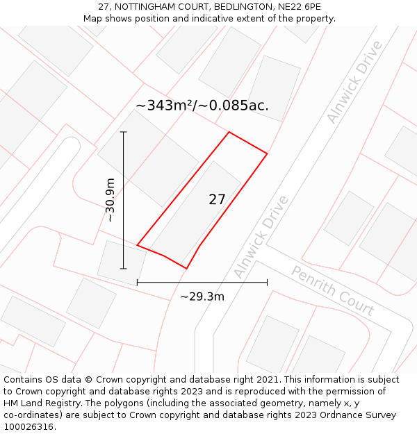 27, NOTTINGHAM COURT, BEDLINGTON, NE22 6PE: Plot and title map