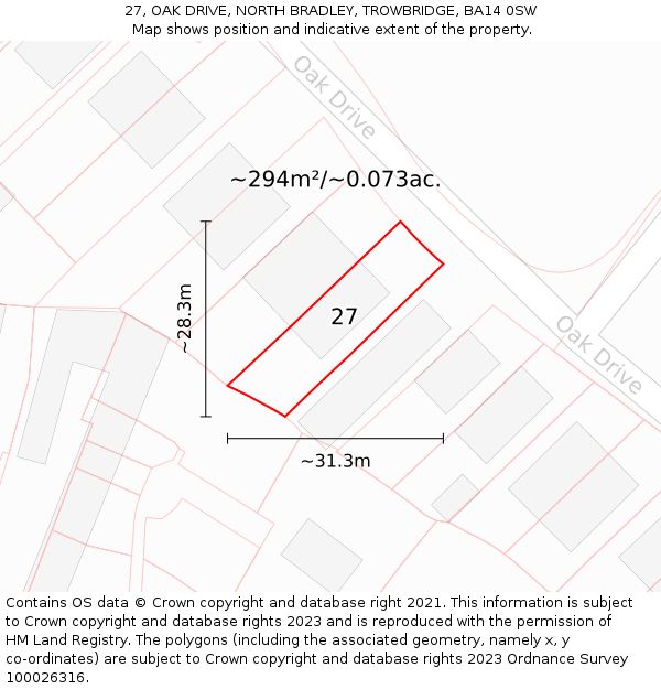 27, OAK DRIVE, NORTH BRADLEY, TROWBRIDGE, BA14 0SW: Plot and title map