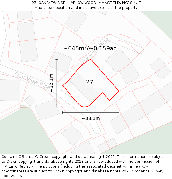 27, OAK VIEW RISE, HARLOW WOOD, MANSFIELD, NG18 4UT: Plot and title map