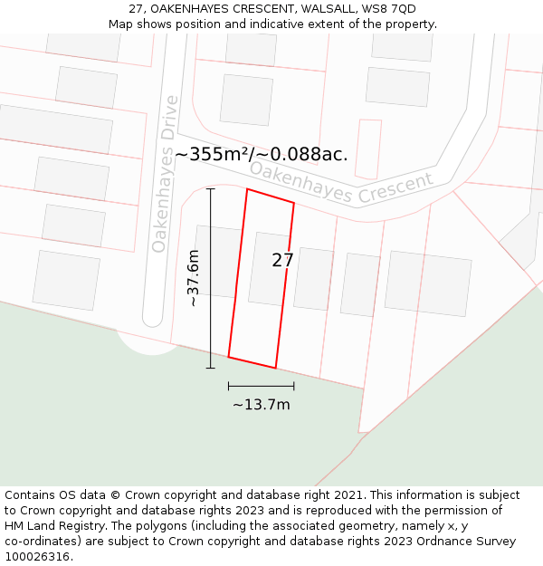 27, OAKENHAYES CRESCENT, WALSALL, WS8 7QD: Plot and title map