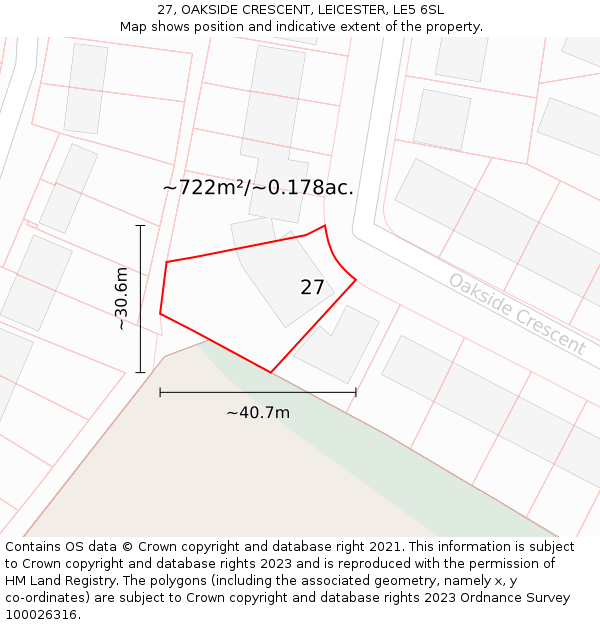 27, OAKSIDE CRESCENT, LEICESTER, LE5 6SL: Plot and title map