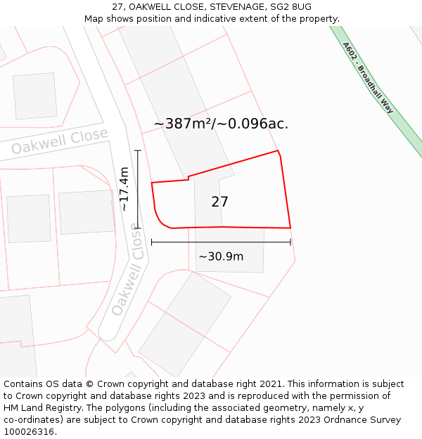 27, OAKWELL CLOSE, STEVENAGE, SG2 8UG: Plot and title map