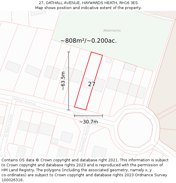 27, OATHALL AVENUE, HAYWARDS HEATH, RH16 3ES: Plot and title map