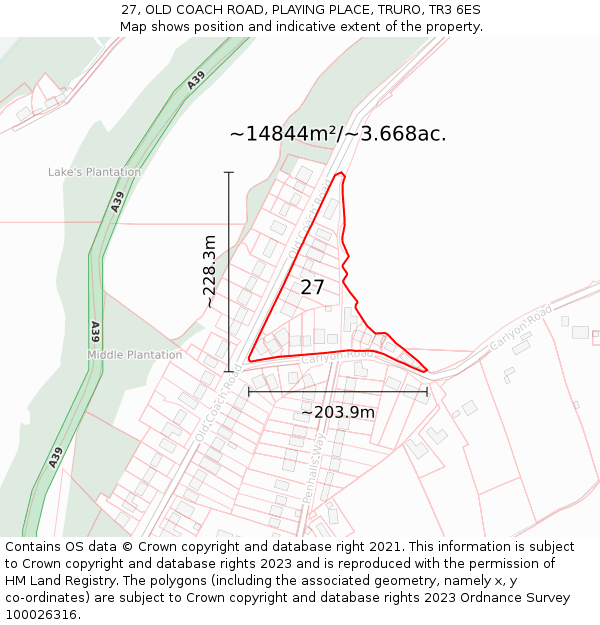 27, OLD COACH ROAD, PLAYING PLACE, TRURO, TR3 6ES: Plot and title map