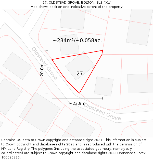 27, OLDSTEAD GROVE, BOLTON, BL3 4XW: Plot and title map