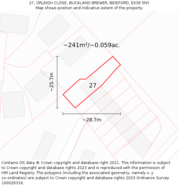 27, ORLEIGH CLOSE, BUCKLAND BREWER, BIDEFORD, EX39 5NY: Plot and title map