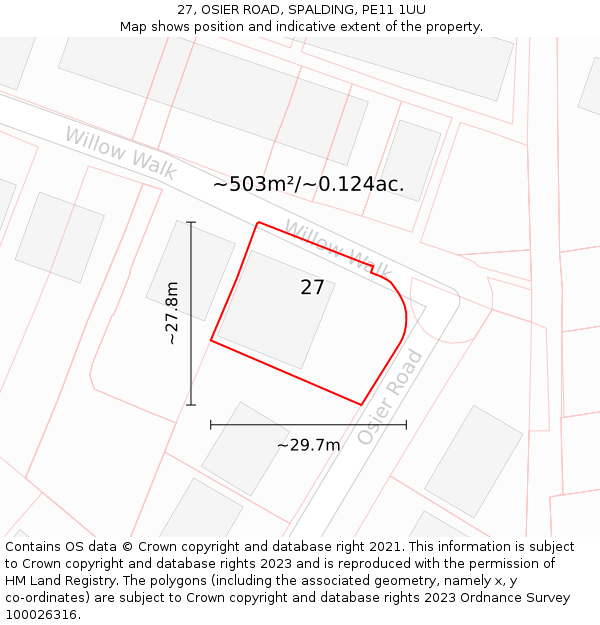 27, OSIER ROAD, SPALDING, PE11 1UU: Plot and title map