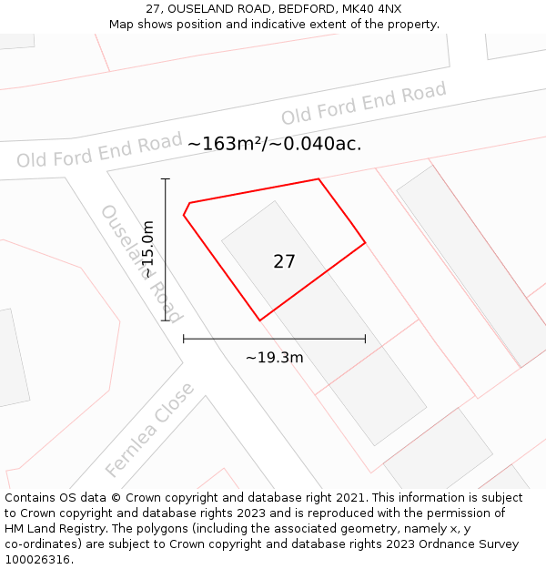 27, OUSELAND ROAD, BEDFORD, MK40 4NX: Plot and title map