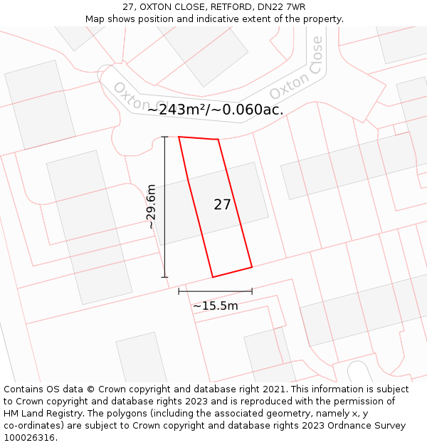 27, OXTON CLOSE, RETFORD, DN22 7WR: Plot and title map