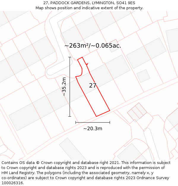 27, PADDOCK GARDENS, LYMINGTON, SO41 9ES: Plot and title map