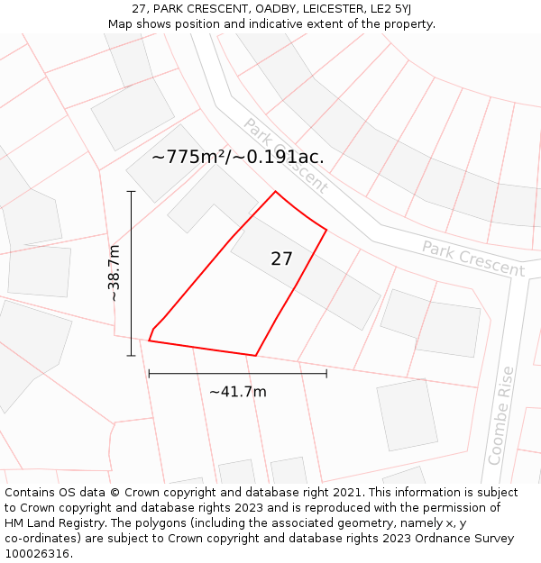 27, PARK CRESCENT, OADBY, LEICESTER, LE2 5YJ: Plot and title map