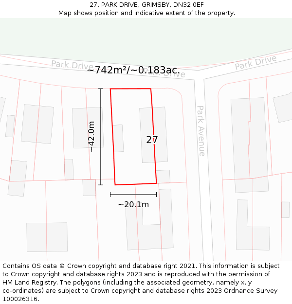 27, PARK DRIVE, GRIMSBY, DN32 0EF: Plot and title map