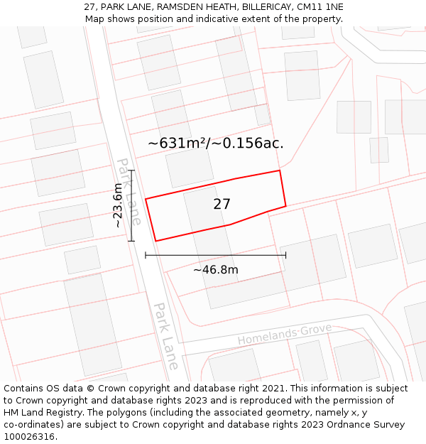 27, PARK LANE, RAMSDEN HEATH, BILLERICAY, CM11 1NE: Plot and title map