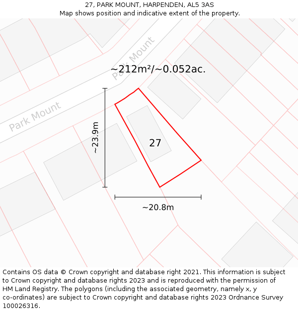 27, PARK MOUNT, HARPENDEN, AL5 3AS: Plot and title map