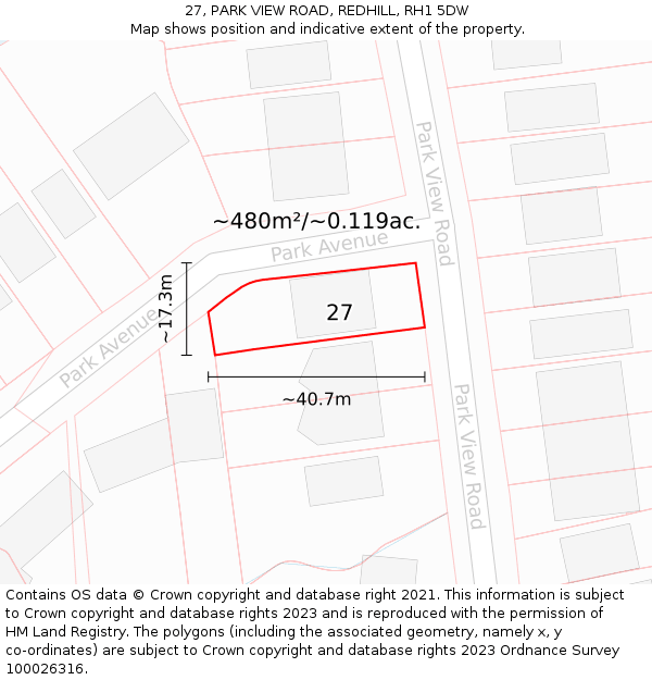 27, PARK VIEW ROAD, REDHILL, RH1 5DW: Plot and title map
