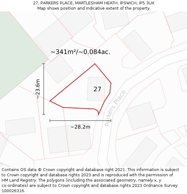27, PARKERS PLACE, MARTLESHAM HEATH, IPSWICH, IP5 3UX: Plot and title map