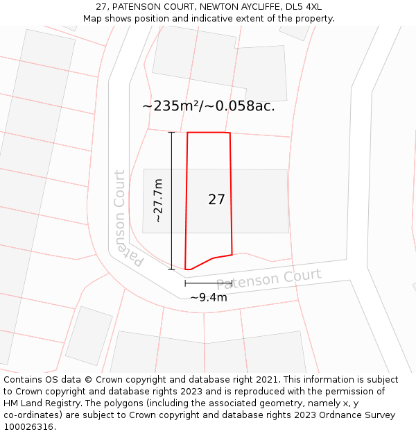 27, PATENSON COURT, NEWTON AYCLIFFE, DL5 4XL: Plot and title map