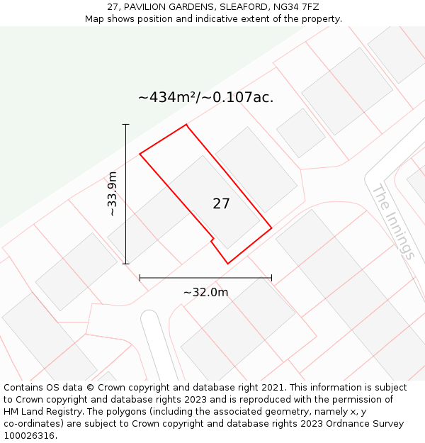 27, PAVILION GARDENS, SLEAFORD, NG34 7FZ: Plot and title map