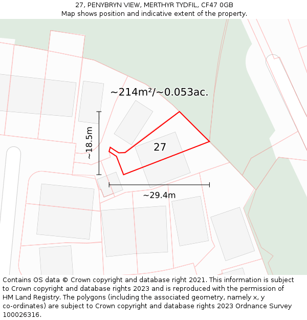 27, PENYBRYN VIEW, MERTHYR TYDFIL, CF47 0GB: Plot and title map