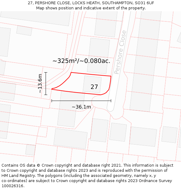 27, PERSHORE CLOSE, LOCKS HEATH, SOUTHAMPTON, SO31 6UF: Plot and title map