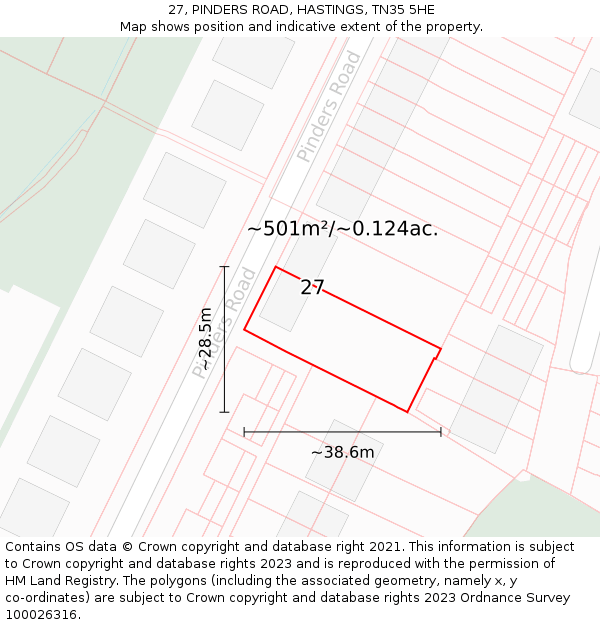 27, PINDERS ROAD, HASTINGS, TN35 5HE: Plot and title map