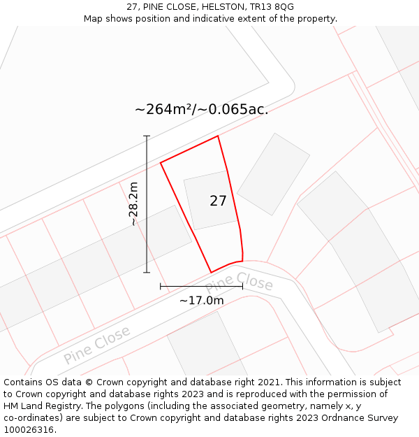 27, PINE CLOSE, HELSTON, TR13 8QG: Plot and title map