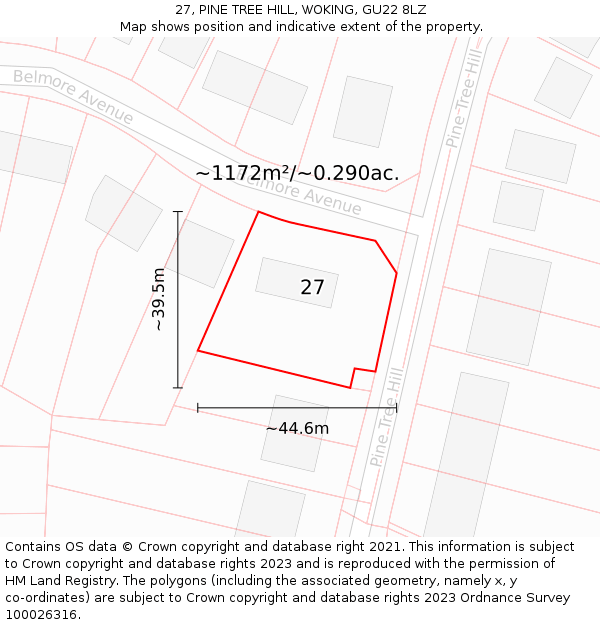 27, PINE TREE HILL, WOKING, GU22 8LZ: Plot and title map