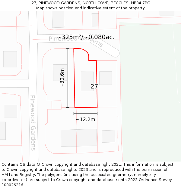 27, PINEWOOD GARDENS, NORTH COVE, BECCLES, NR34 7PG: Plot and title map