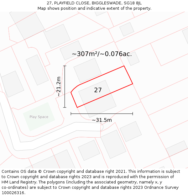 27, PLAYFIELD CLOSE, BIGGLESWADE, SG18 8JL: Plot and title map