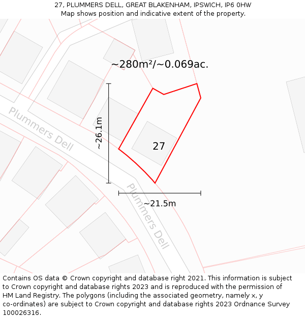 27, PLUMMERS DELL, GREAT BLAKENHAM, IPSWICH, IP6 0HW: Plot and title map