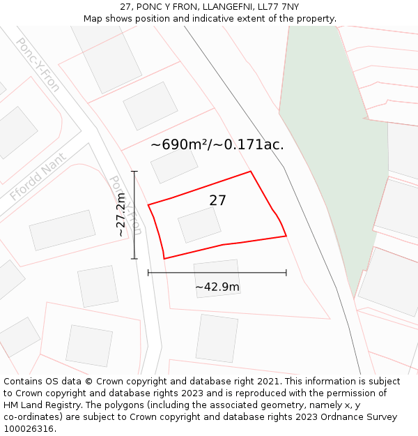 27, PONC Y FRON, LLANGEFNI, LL77 7NY: Plot and title map