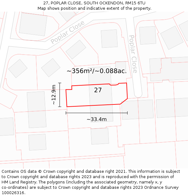 27, POPLAR CLOSE, SOUTH OCKENDON, RM15 6TU: Plot and title map