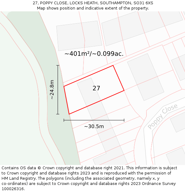 27, POPPY CLOSE, LOCKS HEATH, SOUTHAMPTON, SO31 6XS: Plot and title map