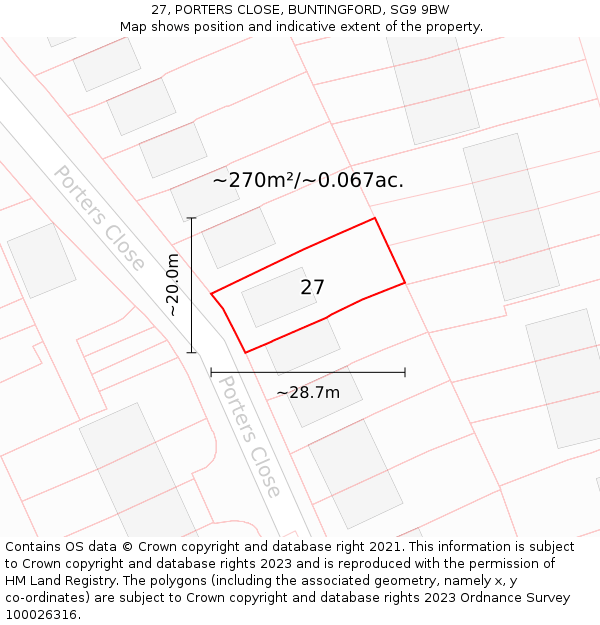 27, PORTERS CLOSE, BUNTINGFORD, SG9 9BW: Plot and title map