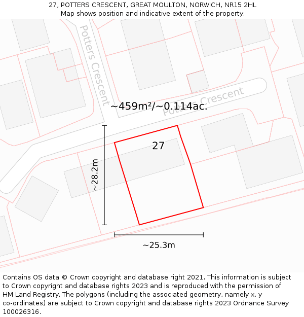 27, POTTERS CRESCENT, GREAT MOULTON, NORWICH, NR15 2HL: Plot and title map