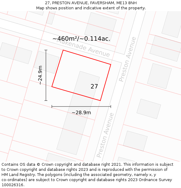 27, PRESTON AVENUE, FAVERSHAM, ME13 8NH: Plot and title map