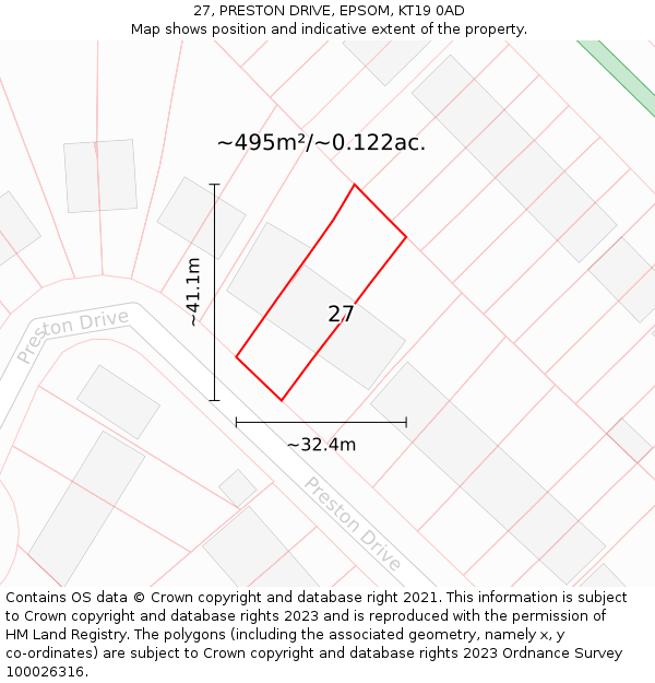 27, PRESTON DRIVE, EPSOM, KT19 0AD: Plot and title map