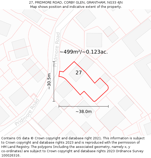 27, PRIDMORE ROAD, CORBY GLEN, GRANTHAM, NG33 4JN: Plot and title map