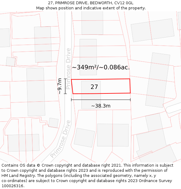 27, PRIMROSE DRIVE, BEDWORTH, CV12 0GL: Plot and title map