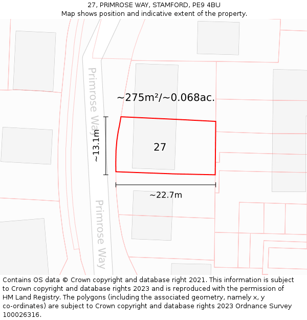 27, PRIMROSE WAY, STAMFORD, PE9 4BU: Plot and title map