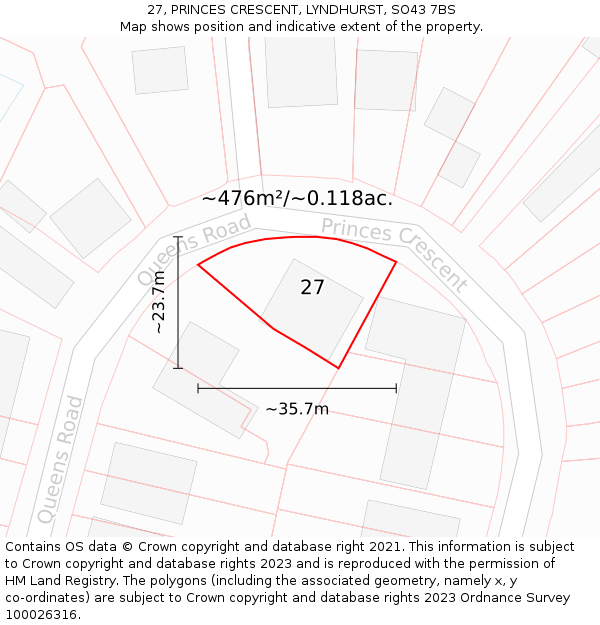 27, PRINCES CRESCENT, LYNDHURST, SO43 7BS: Plot and title map