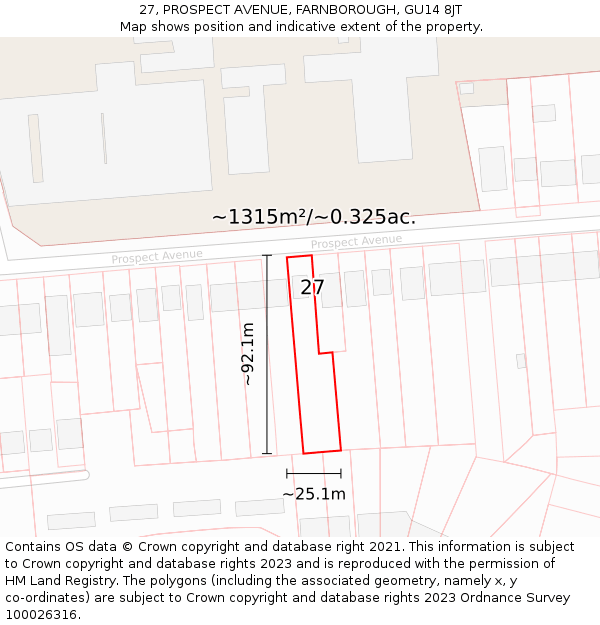 27, PROSPECT AVENUE, FARNBOROUGH, GU14 8JT: Plot and title map