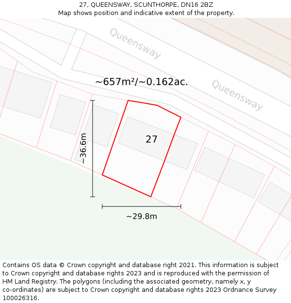 27, QUEENSWAY, SCUNTHORPE, DN16 2BZ: Plot and title map