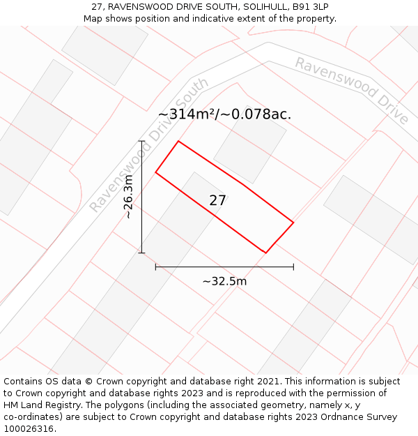 27, RAVENSWOOD DRIVE SOUTH, SOLIHULL, B91 3LP: Plot and title map