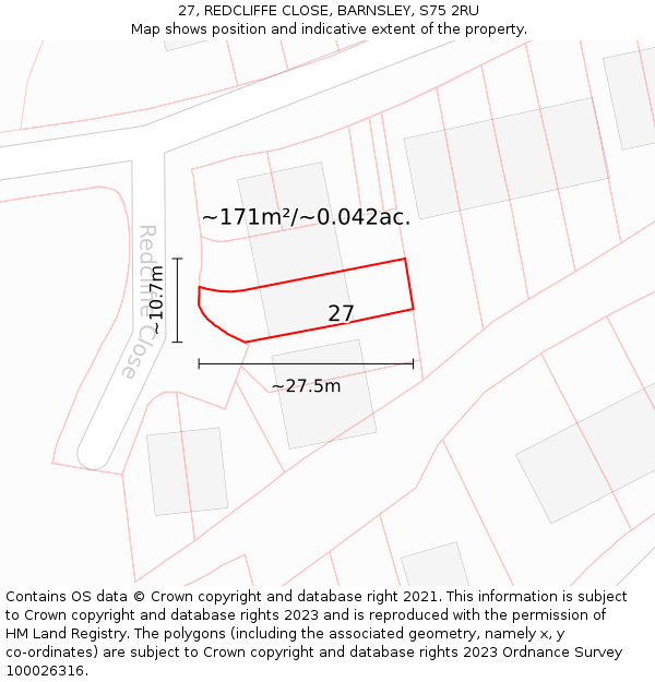 27, REDCLIFFE CLOSE, BARNSLEY, S75 2RU: Plot and title map