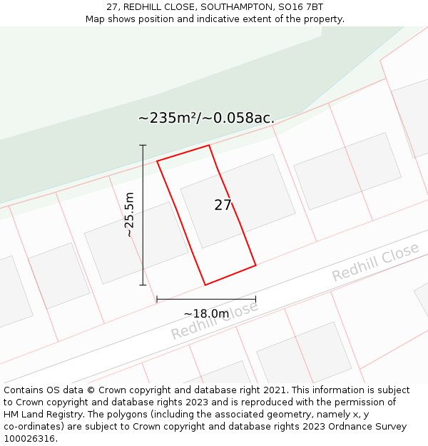 27, REDHILL CLOSE, SOUTHAMPTON, SO16 7BT: Plot and title map