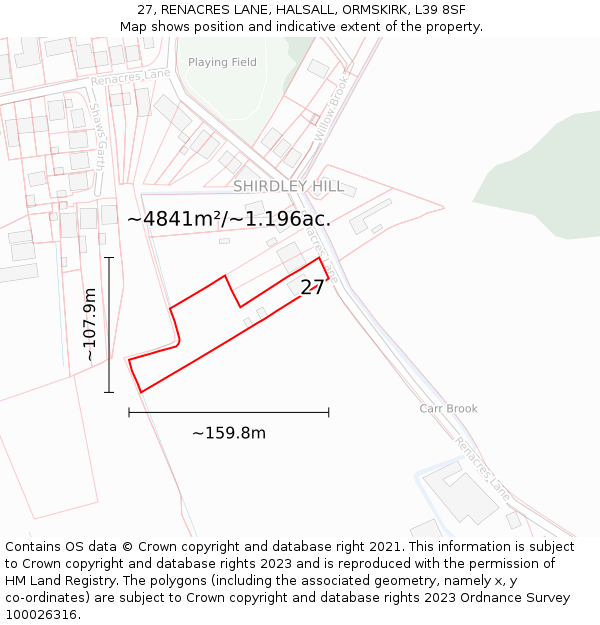 27, RENACRES LANE, HALSALL, ORMSKIRK, L39 8SF: Plot and title map