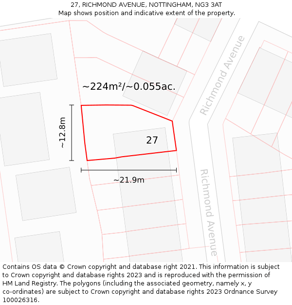 27, RICHMOND AVENUE, NOTTINGHAM, NG3 3AT: Plot and title map