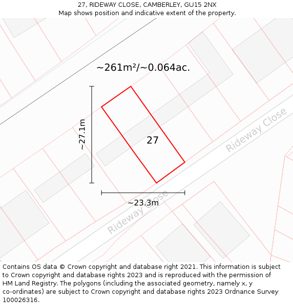 27, RIDEWAY CLOSE, CAMBERLEY, GU15 2NX: Plot and title map