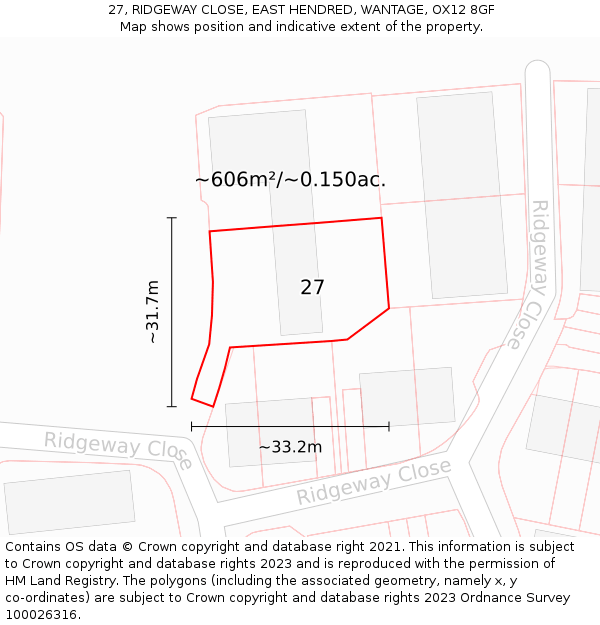 27, RIDGEWAY CLOSE, EAST HENDRED, WANTAGE, OX12 8GF: Plot and title map